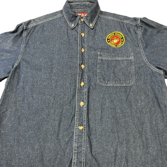 Vintage Long Sleeve Denim Jean Marine Corps Military Patch Shirt - Picture 5 of 10